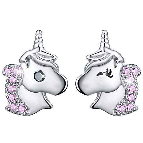 ✦Weihnachtsgeschenke für Kinder✦Winglove Einhorn Ohrringe Mädchen, Einhorn Ohrringe mit Zirkonia Asymmetrie Ohrringe Kinder Ohrringe Stecker Einhorn, Kleine Weihnachtsgeschenke.(Pink)