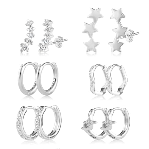 Silber 925 Ohrringe Set Damen, ASH'S CHOICE 6Paar Silber 925 Ohrstecker Kleine Creolen Knorpel Ohrringe, Multipack Glitz Silber Creolen Ohrringe mit Strass Zirkon Blatt Stern Ohrstecker Lange Damen