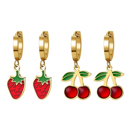 JewelryWe 2 Paar Erdbeer Kirsch Ohrringe: Gold Edelstahl Süße Obst Creolen Huggie Ohrstecker mit Erdbeere und Kirsche Anhänger Hypoallergene Ohr Schmuck Set Geschenk für Mädchen Kinder