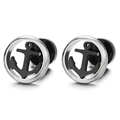 Herren Damen Edelstahl Flach Marine Anker Kreis Ohrstecker Ohrringe, Silber Schwarz, Rock, Schraube Wieder